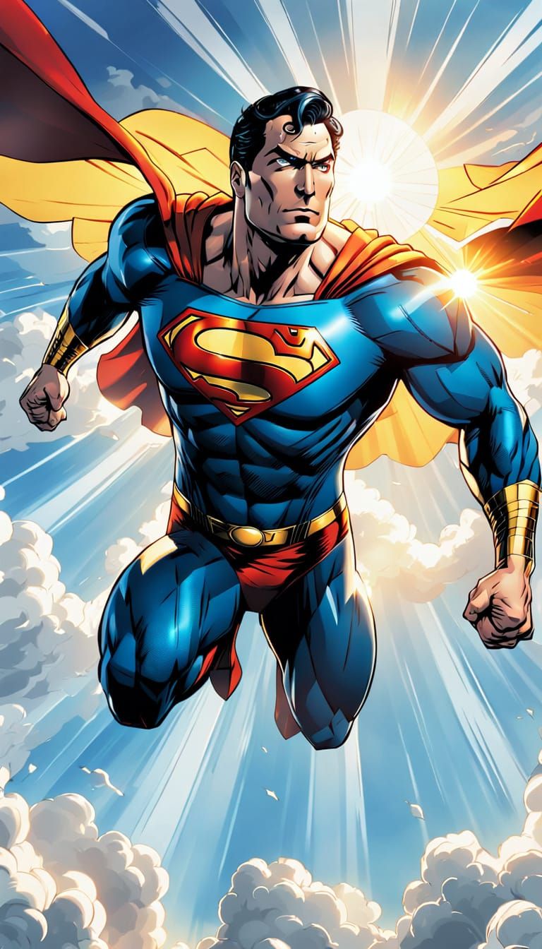Superman Symbol Soaring Through Clouds in Comic Art