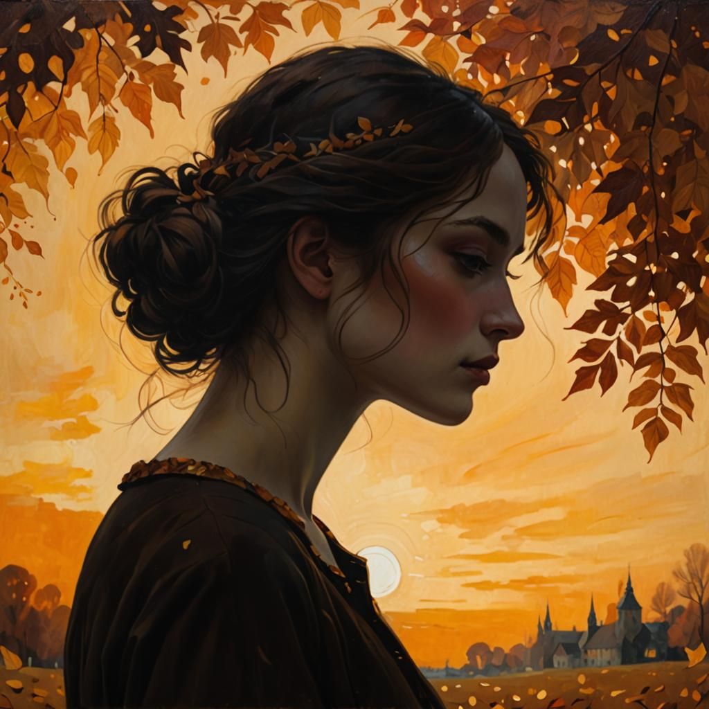 Girl in Autumn Leaves: Klimt-Inspired Oil Painting