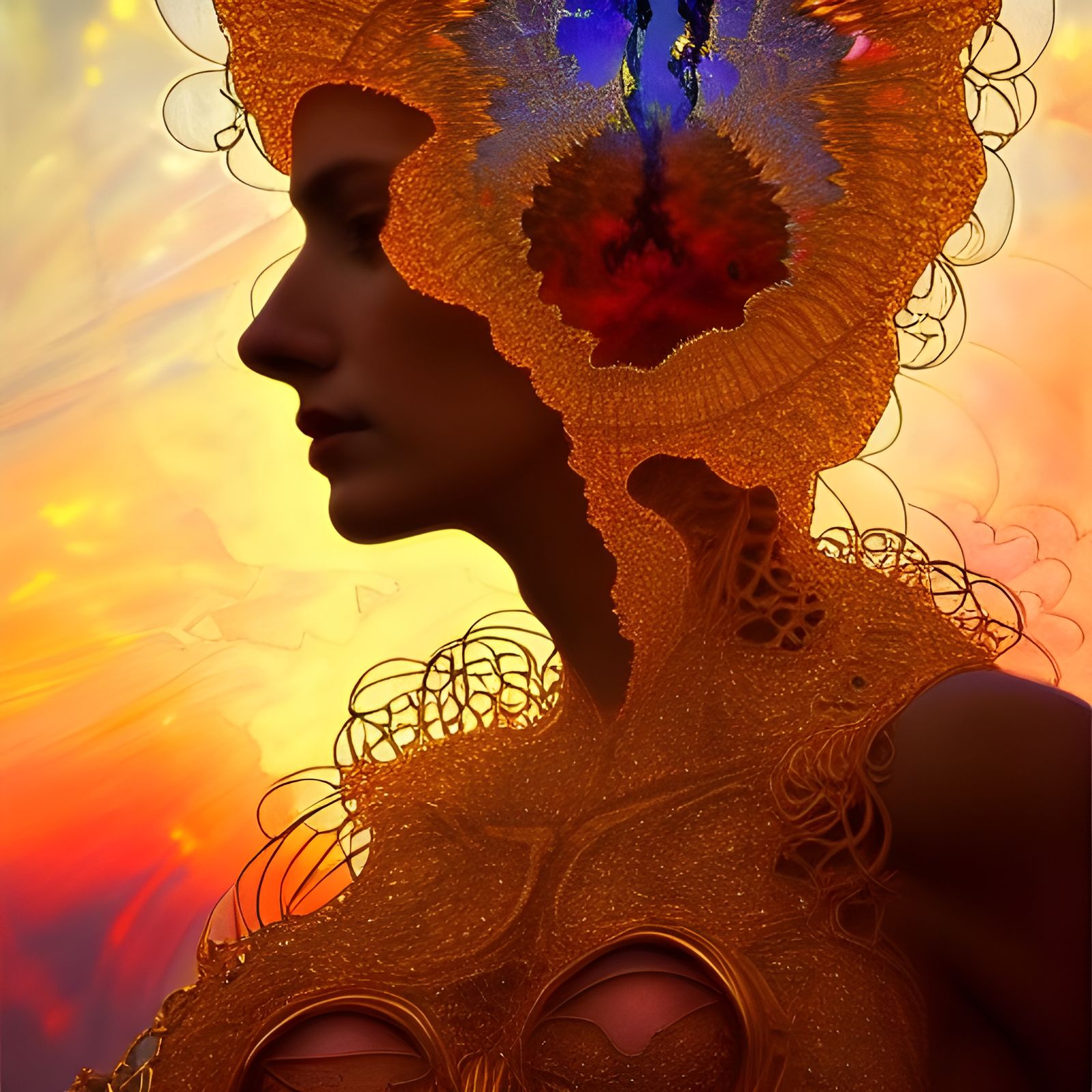 Golden Goddess in Stained Glass Sunset