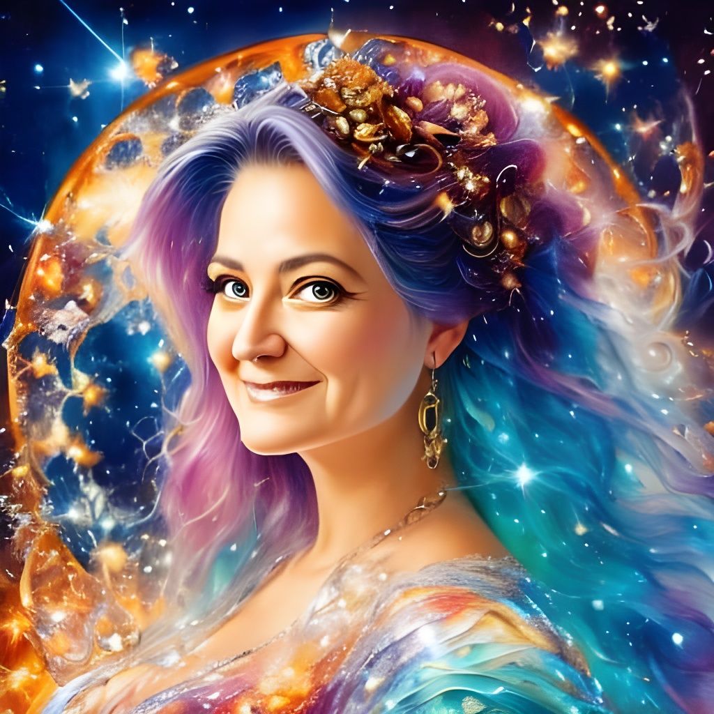 Plus-Size Woman with Brown Hair Smiling in Art Nouveau Style