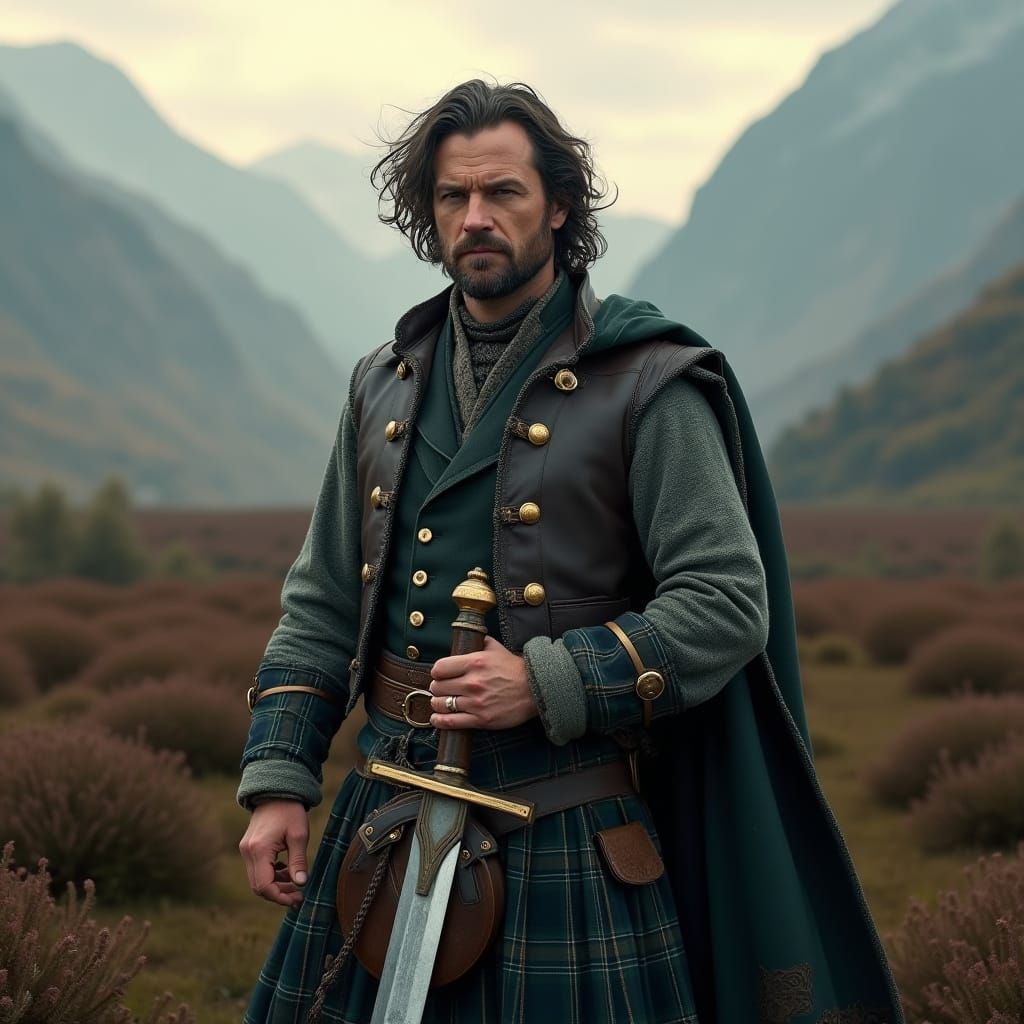 A Dignified Scottish Highlander Stands Proud in the Misty Hi...