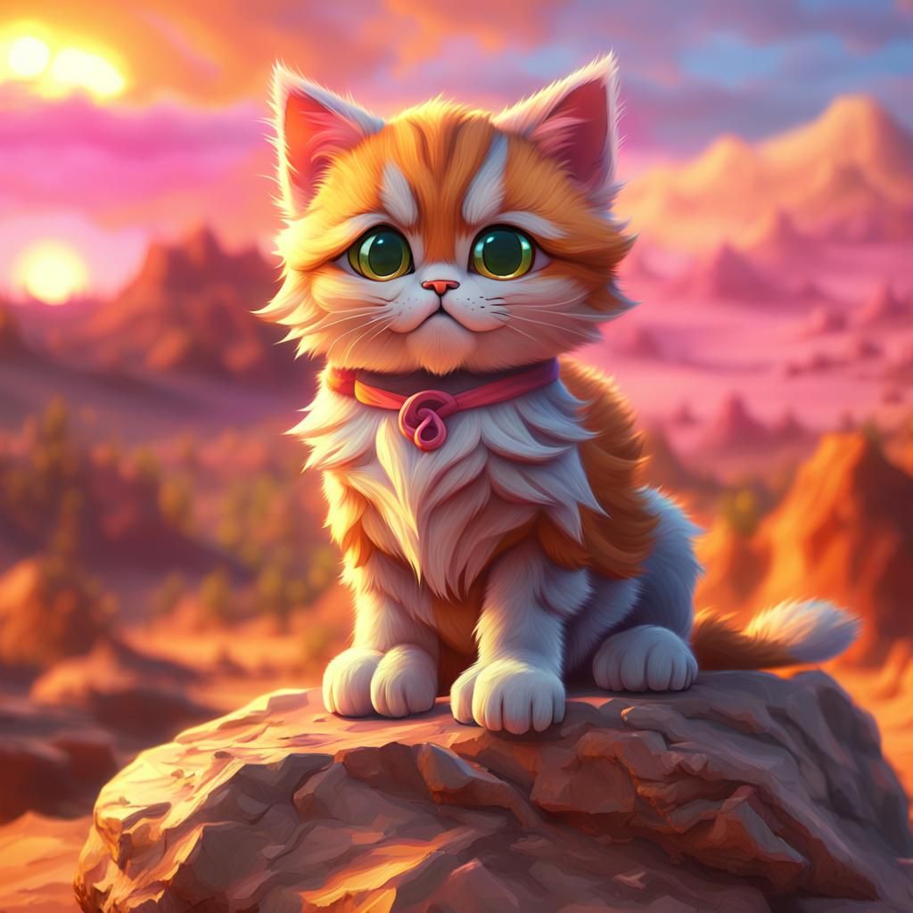 Grumpy Anime Kitten at Desert Sunset in 3D