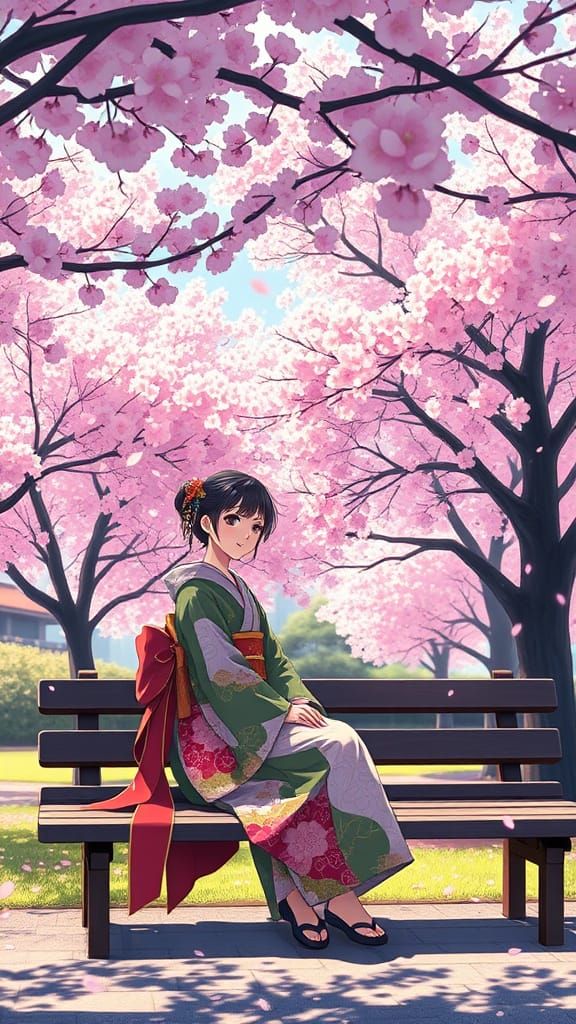 Young Woman Serenely Sits Under Cherry Blossoms in a Yokoham...