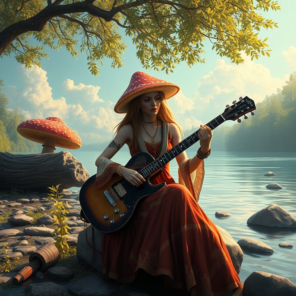 Fantastical River Scene with Hippie Shitake Mushroom Musicia...