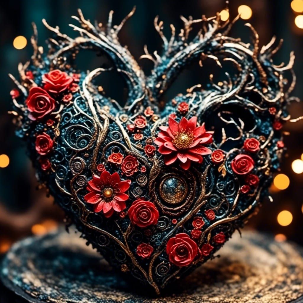 Floral and Thorn Heart with Intricate Vessels