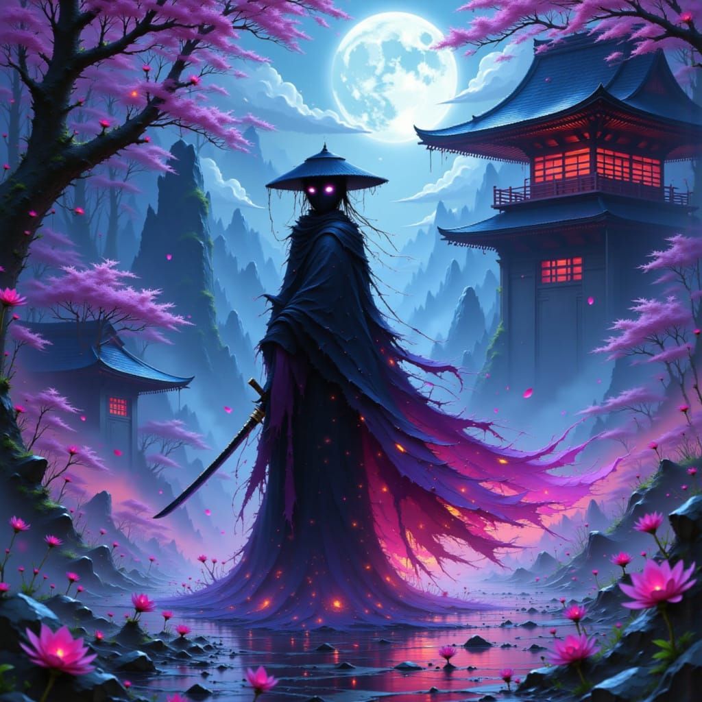 Spectral Samurai Guarding Haunted Pagoda in Dark Fantasy