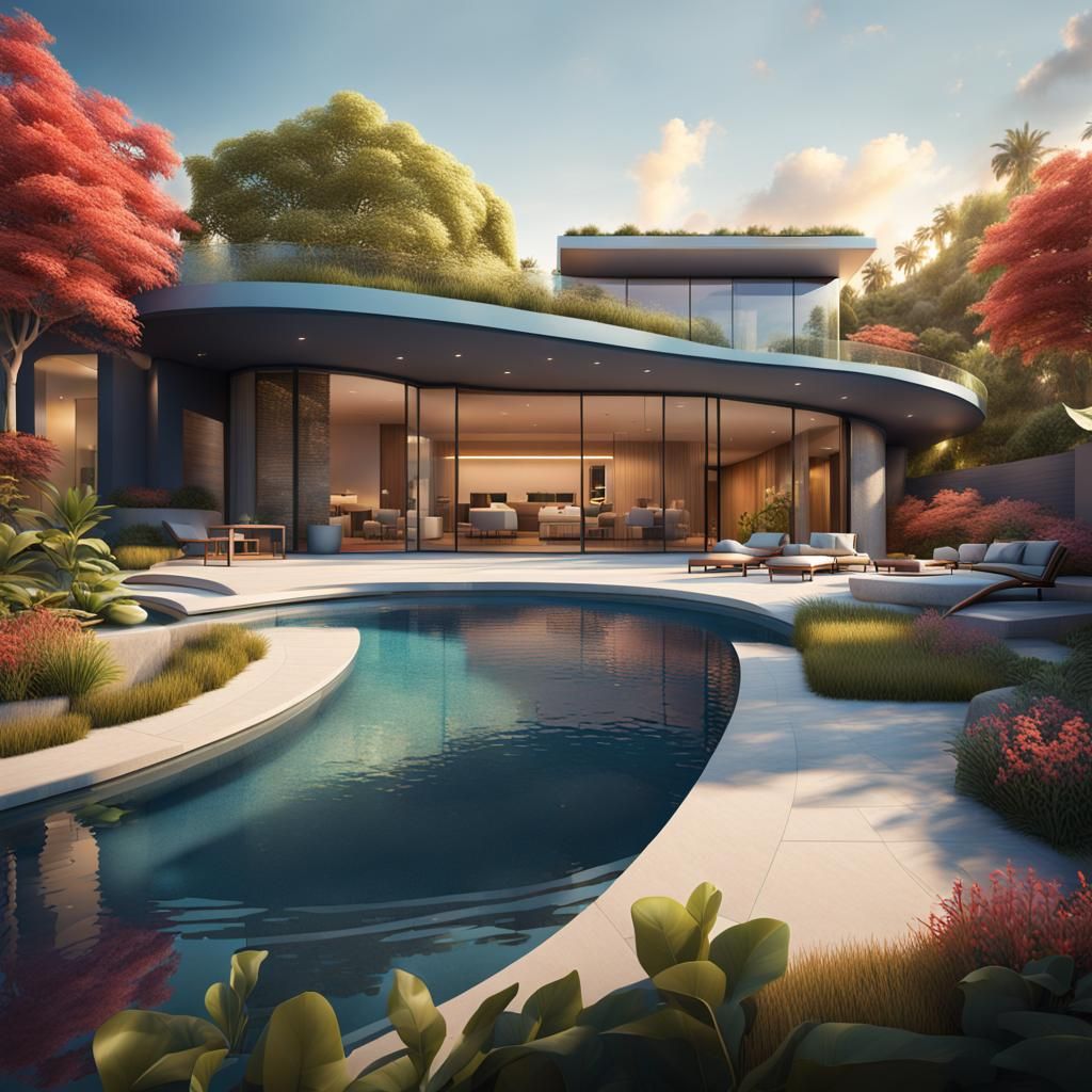 Modern Courtyard Residence with Pool in Splash Art Style