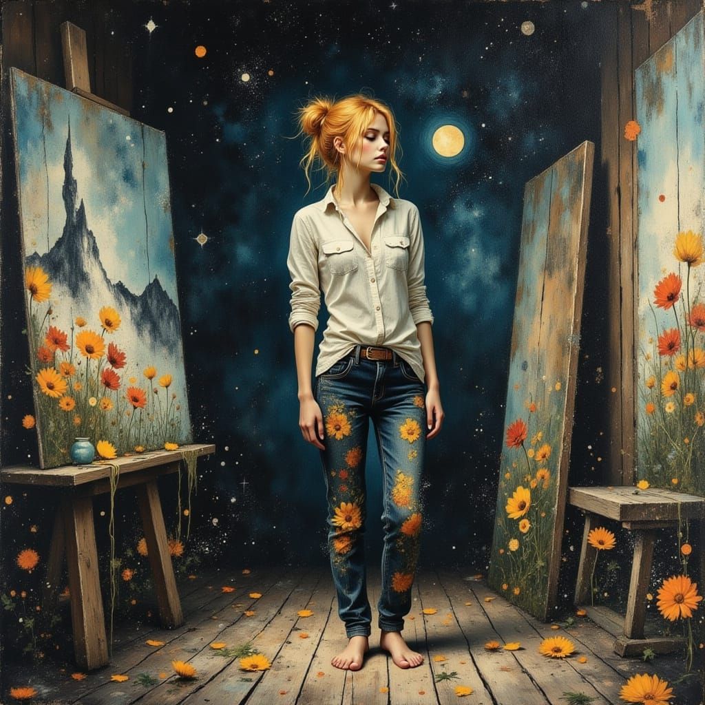 Whimsical Portrait of Feyre in a Vibrant Cabin Sanctuary