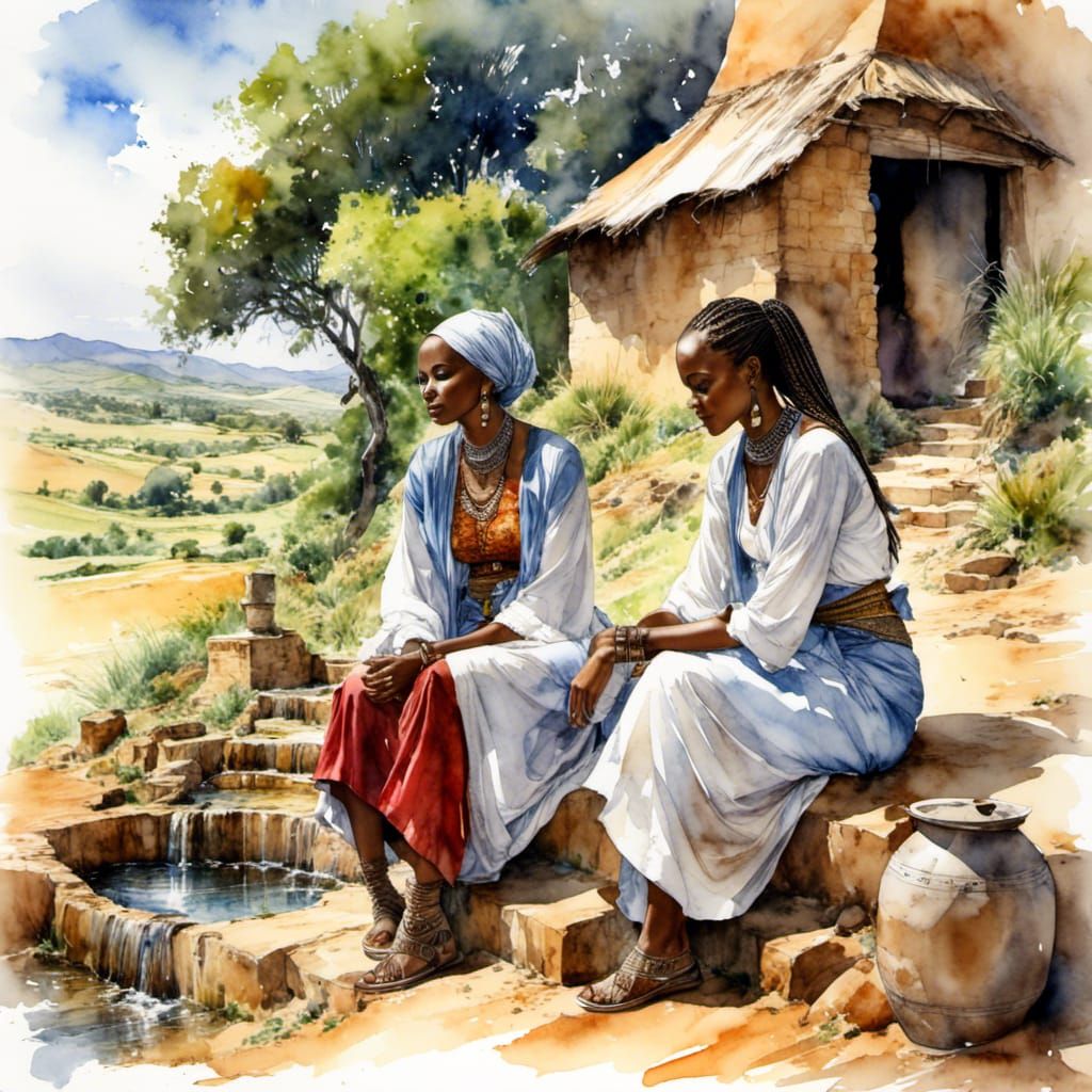 Ethiopian Woman at Well in Watercolor Style