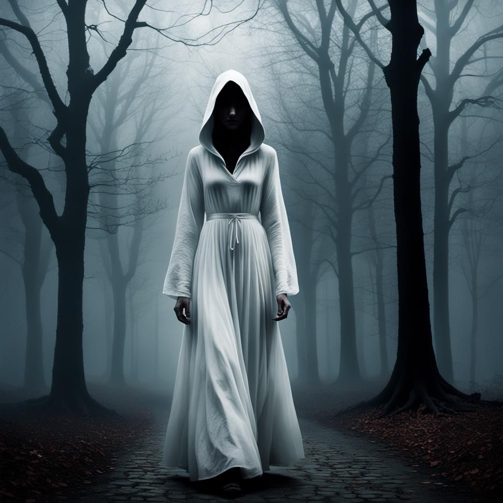 Ethereal Woman in Foggy Park, Sinister Art