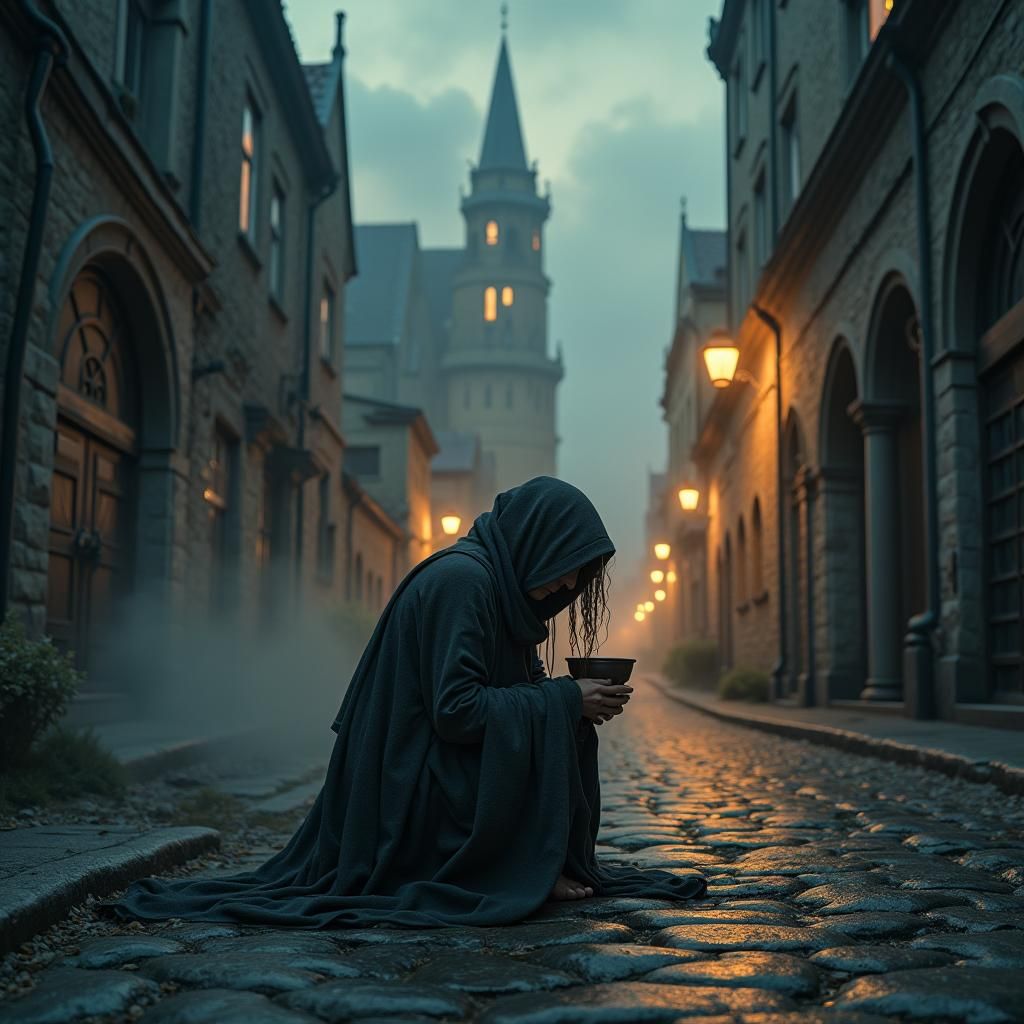 Beggar in Gothic Cityscape Matte Painting