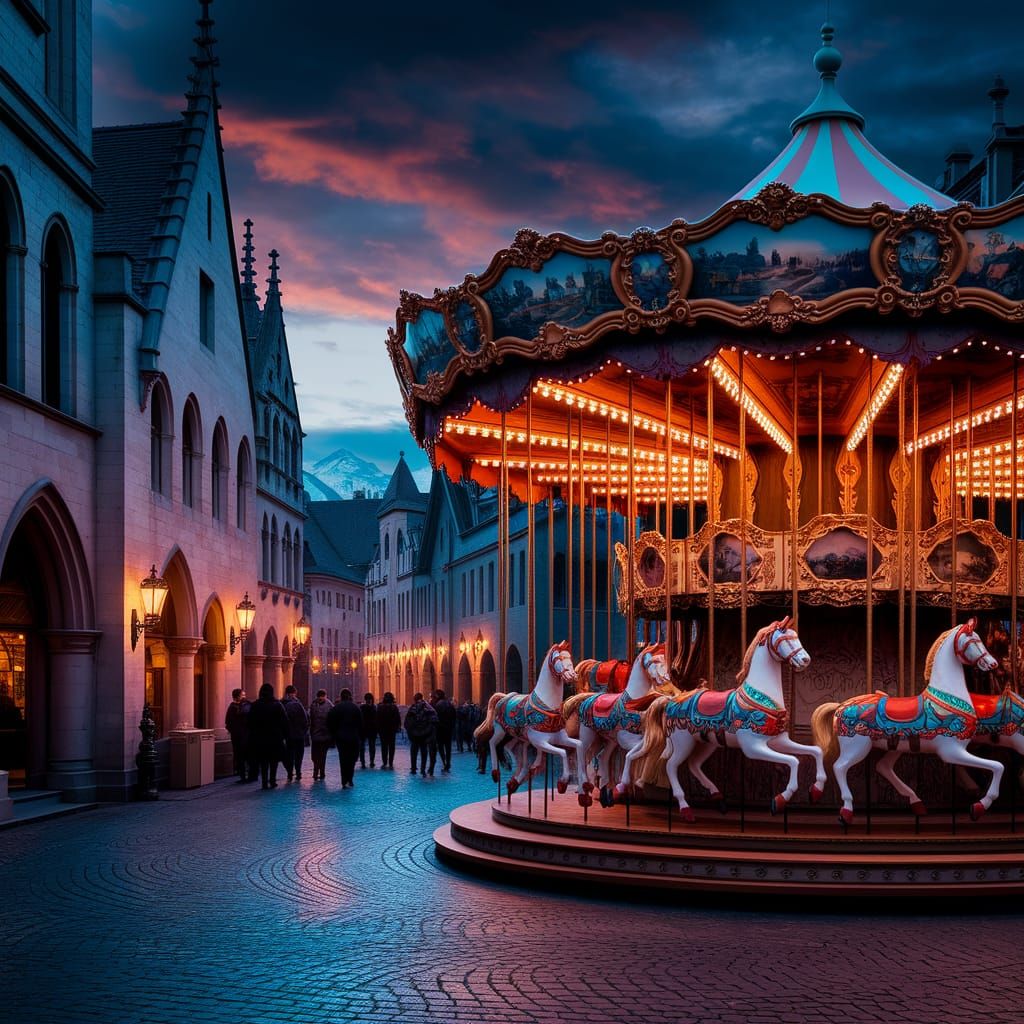 Twilight Medieval Market with Gothic Architecture and Carous...