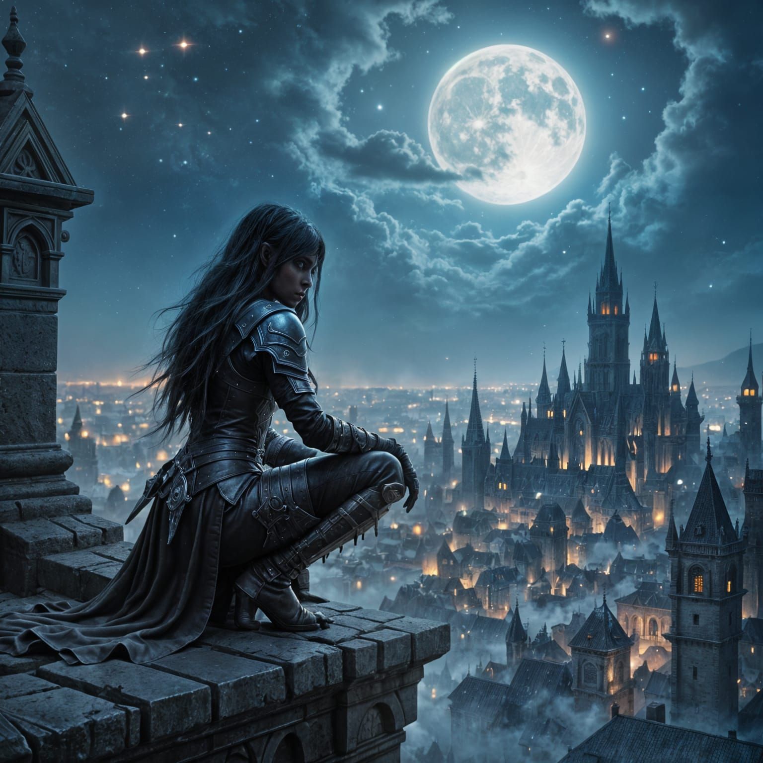 Dark Elf Assassin Overlooking Gothic City