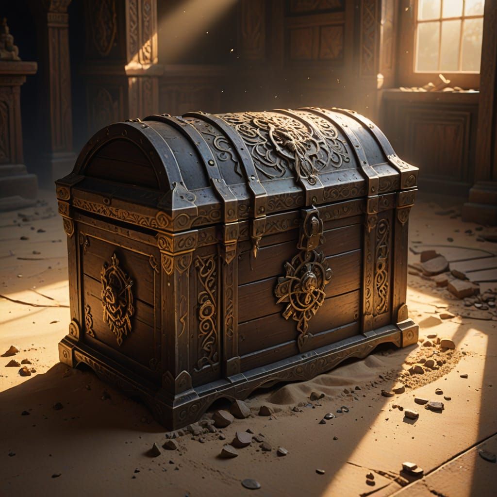 Ornate Fantasy Treasure Chest in Dusty Room