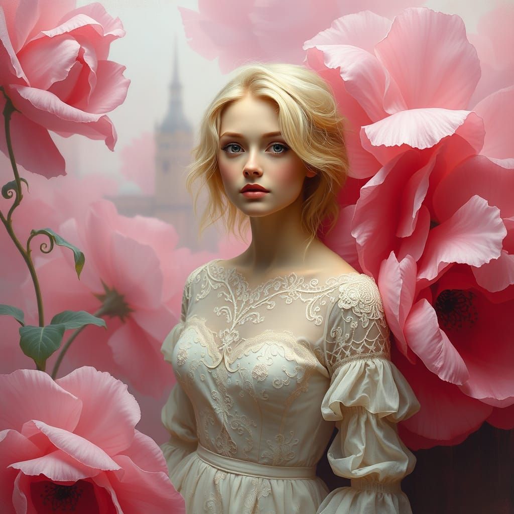 Misty Renaissance Woman Surrounded by Pink Roses