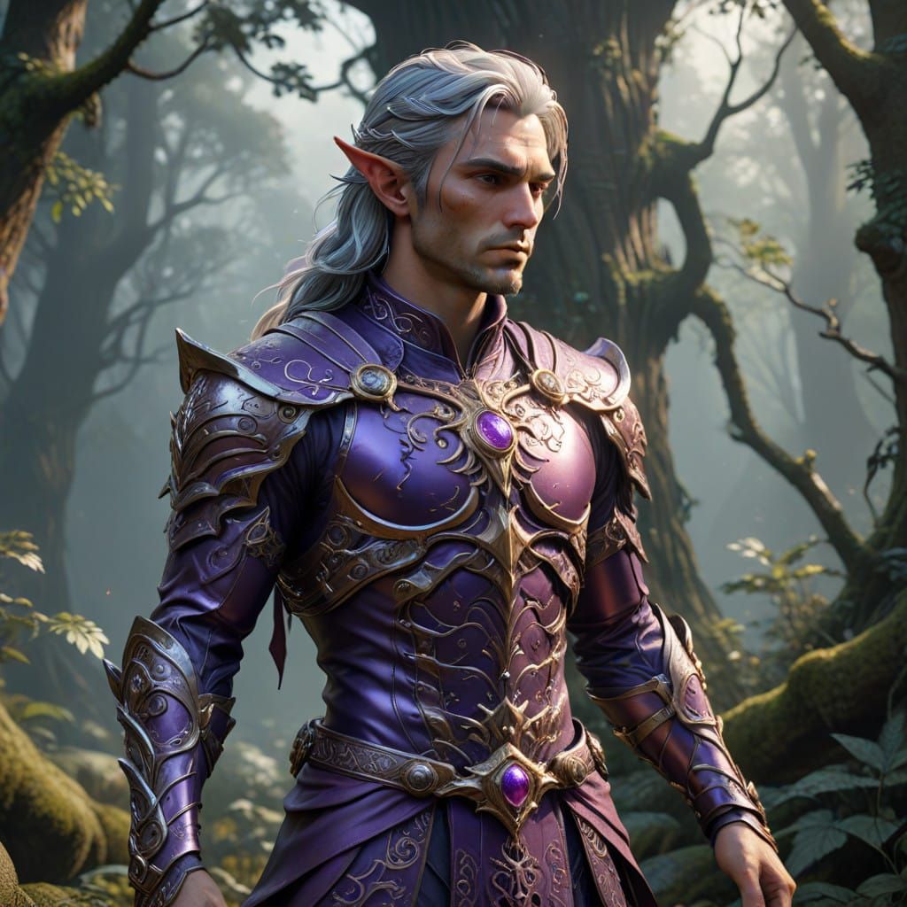 Elegant Silver-Haired Elf in Lavish Purple Armor