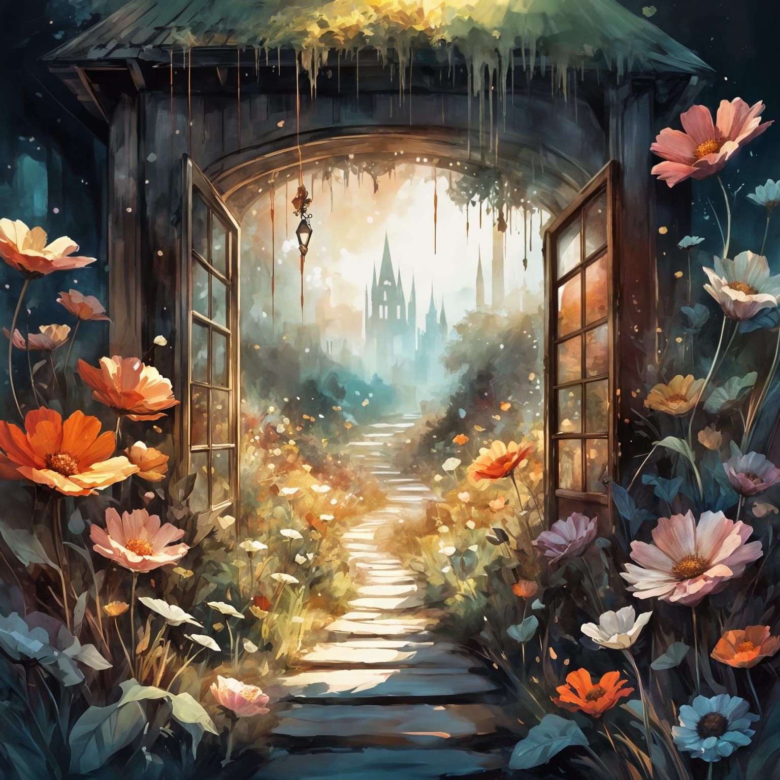 Enchanted Potting Shed in Flower Field, Fantasycore Art
