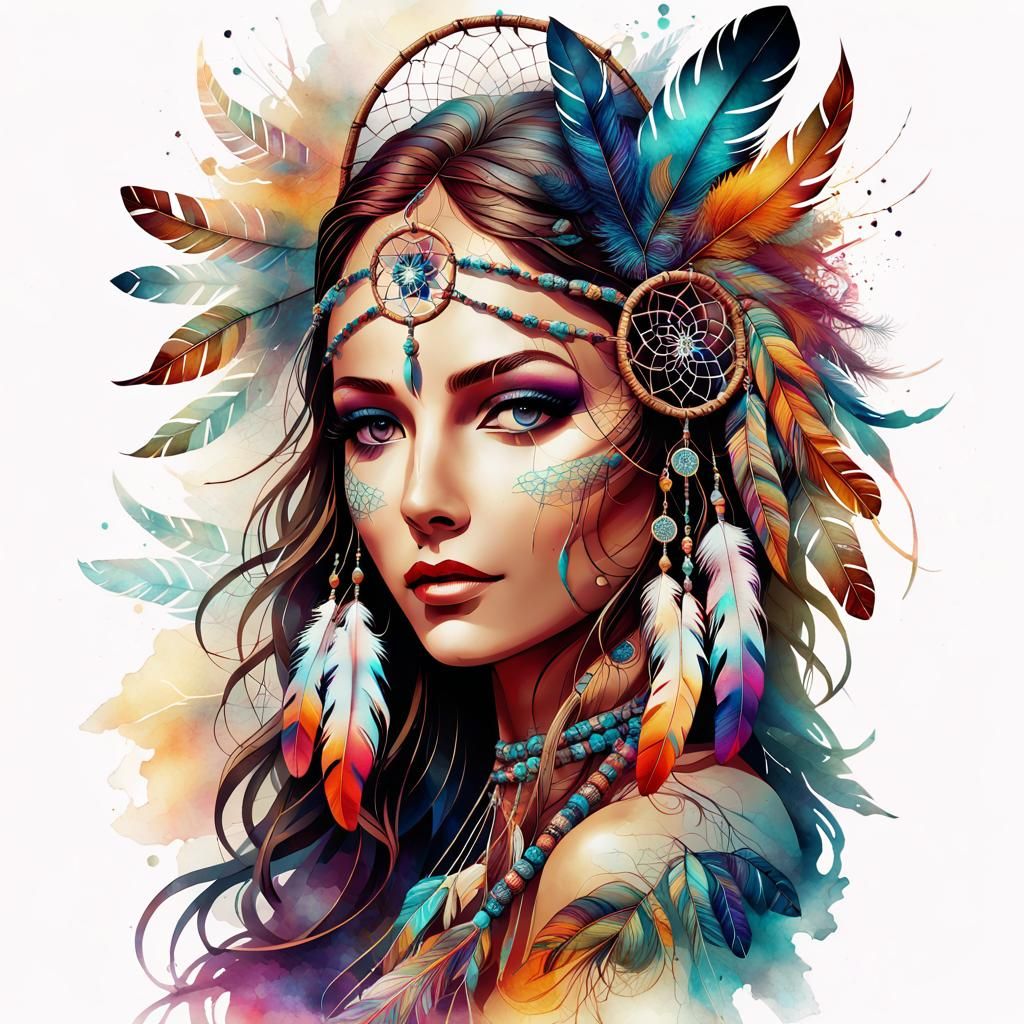 Colorful Indian Fantasy Portrait with Dream Catcher