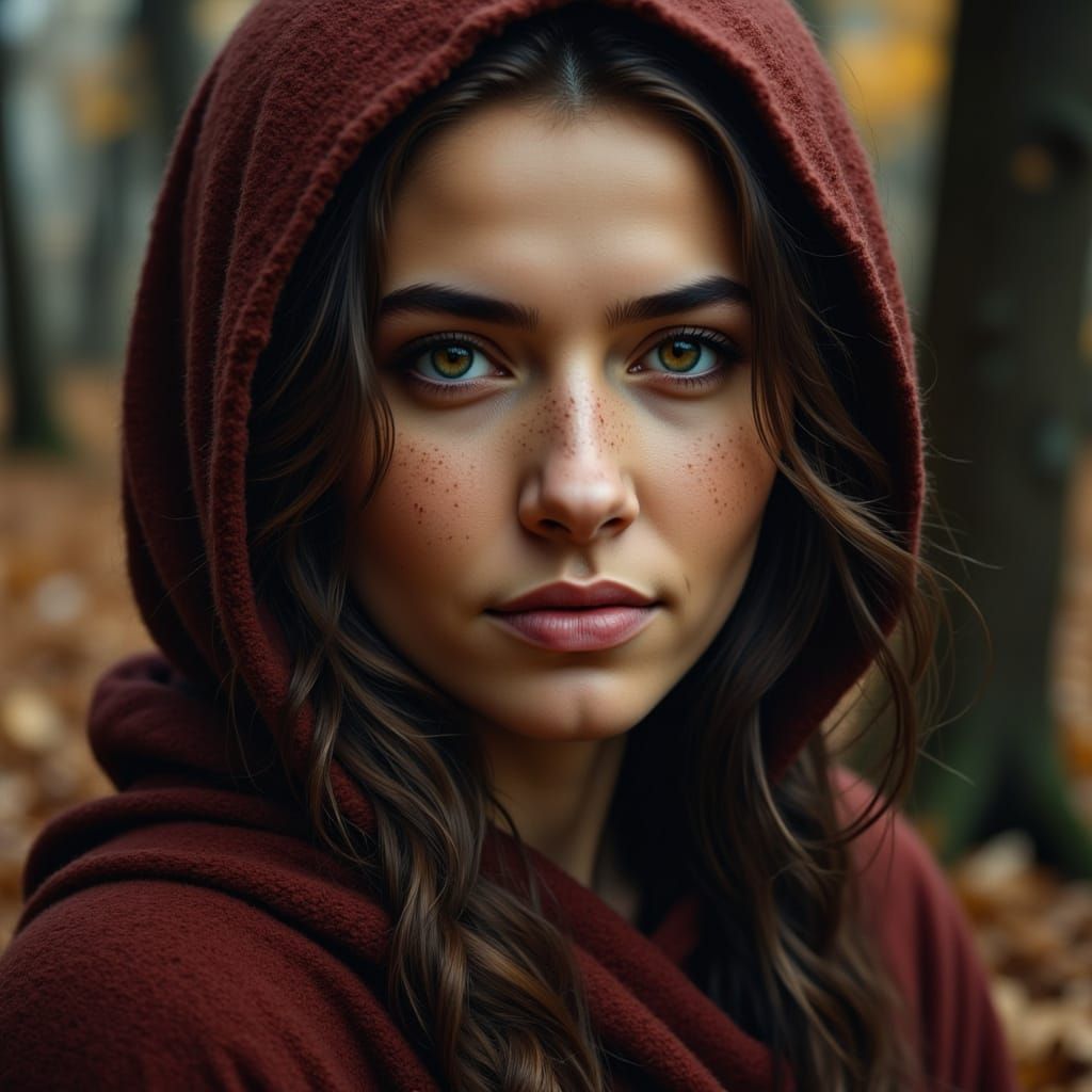 Hyperrealistic Portrait of Woman in Burgundy Hooded Robe
