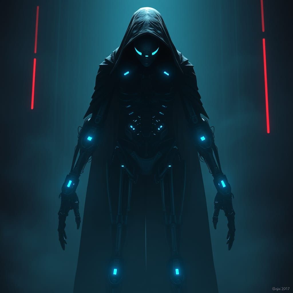 Cyberpunk Figure Enshrouded in Shadow