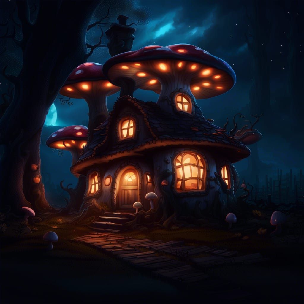 Glowing Mushroom House in Fantasy Horror Style