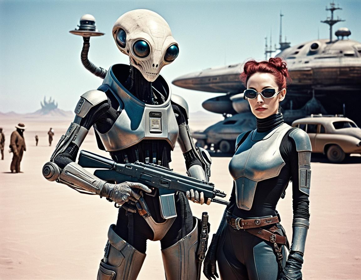 Young Space Outlaw and Alien Sidekick in Cyberpunk Western