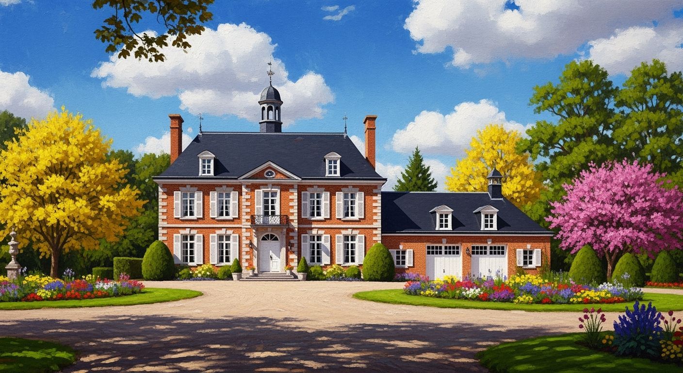 Grand Brick Chateau with Vibrant Garden Under Blue Sky