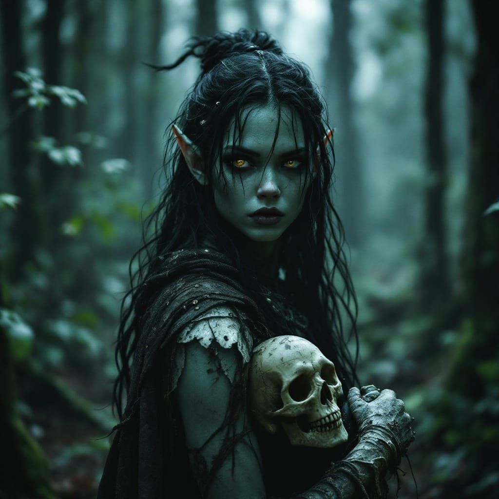 Gritty Mystic Elf in Dark Fantasy Forest