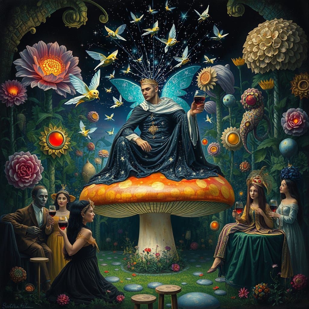 Surreal Garden Party with Mushroom Prince as Fantasy Art