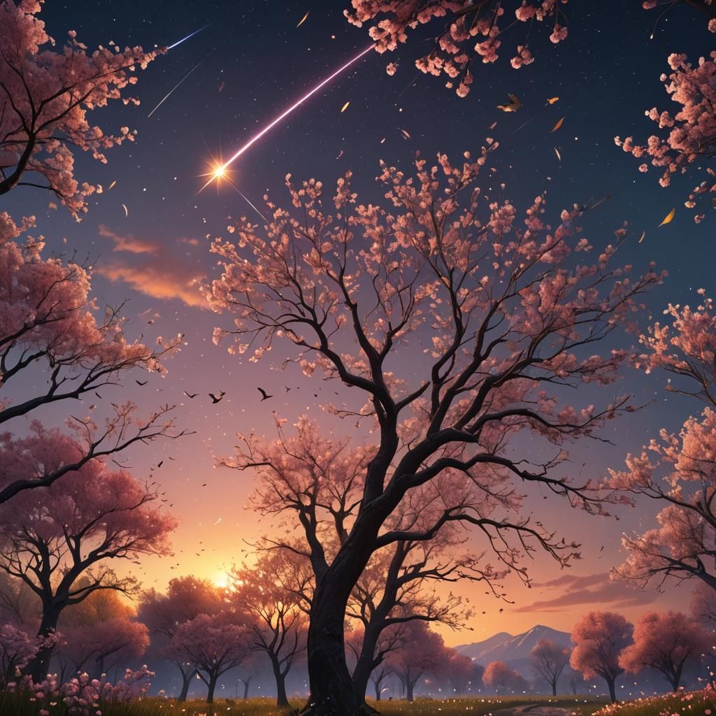 Spring Sunset with Blossoms and Shooting Star