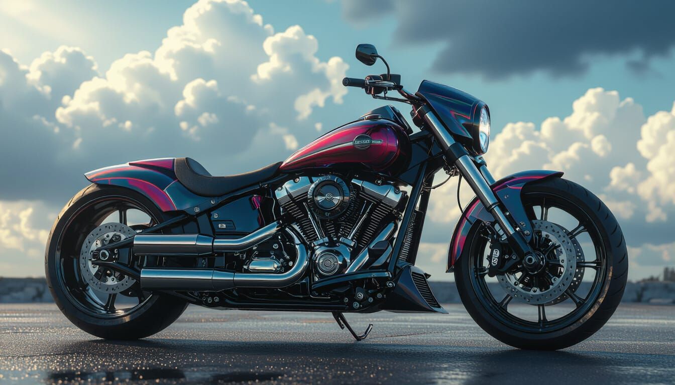 Futuristic Motorbike Under Dramatic Sky, Hyperrealistic Styl...