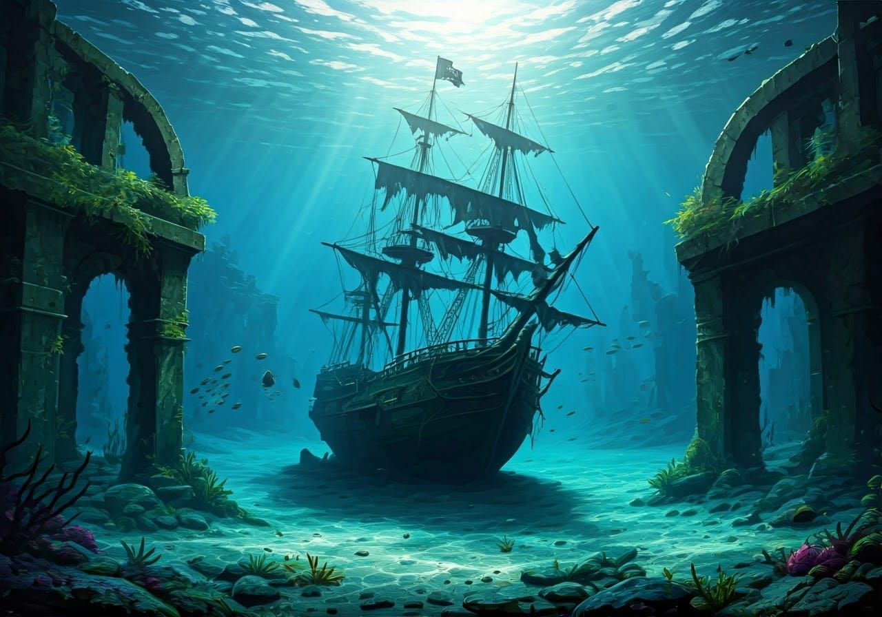 Sunken Pirate Shipwreck at Ancient Ruins: Oil Painting