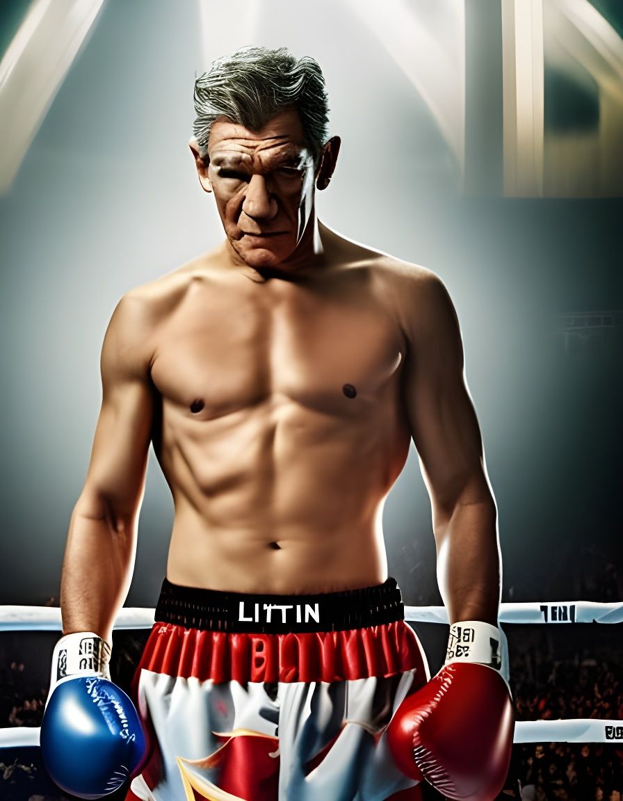 Hyperrealistic Ian McKellen as Boxing Champion