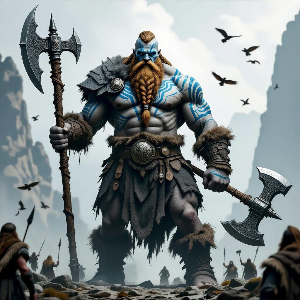 Majestic Stone Giant Warrior with Halberd in Dark Gray Tone