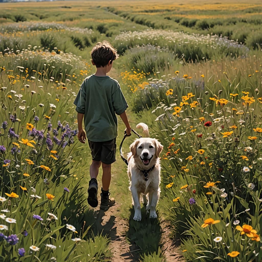 Boy and Dog's Eternal Bond in Wildflower Field