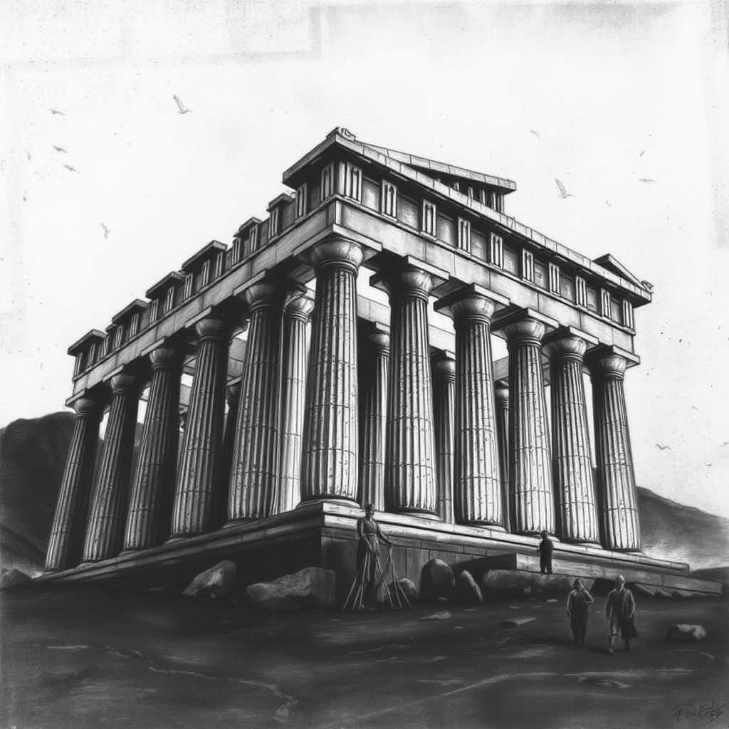 Hyper-Realistic Charcoal Colossus of Rhodes Illustration