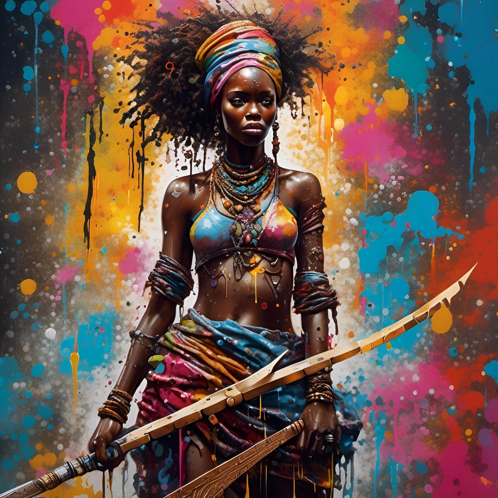 Beautiful African Princess with Sword in Graffiti Style