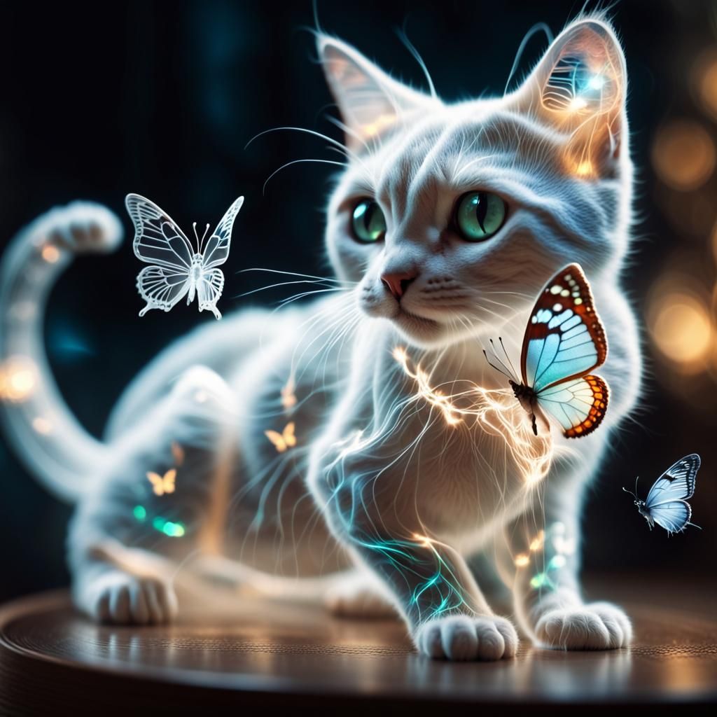 Ethereal Hologram Cat Interacts with Beacon of Fantasy Light