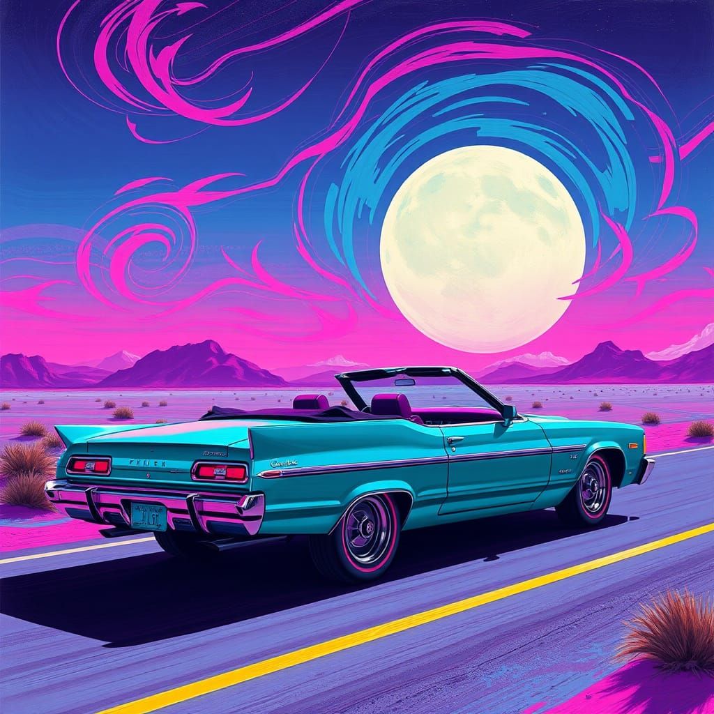 Synthwave cyberpunk 1970’s lowrider convertible: colors are dark turquoise and magenta, on a desert highway, daytime, si...