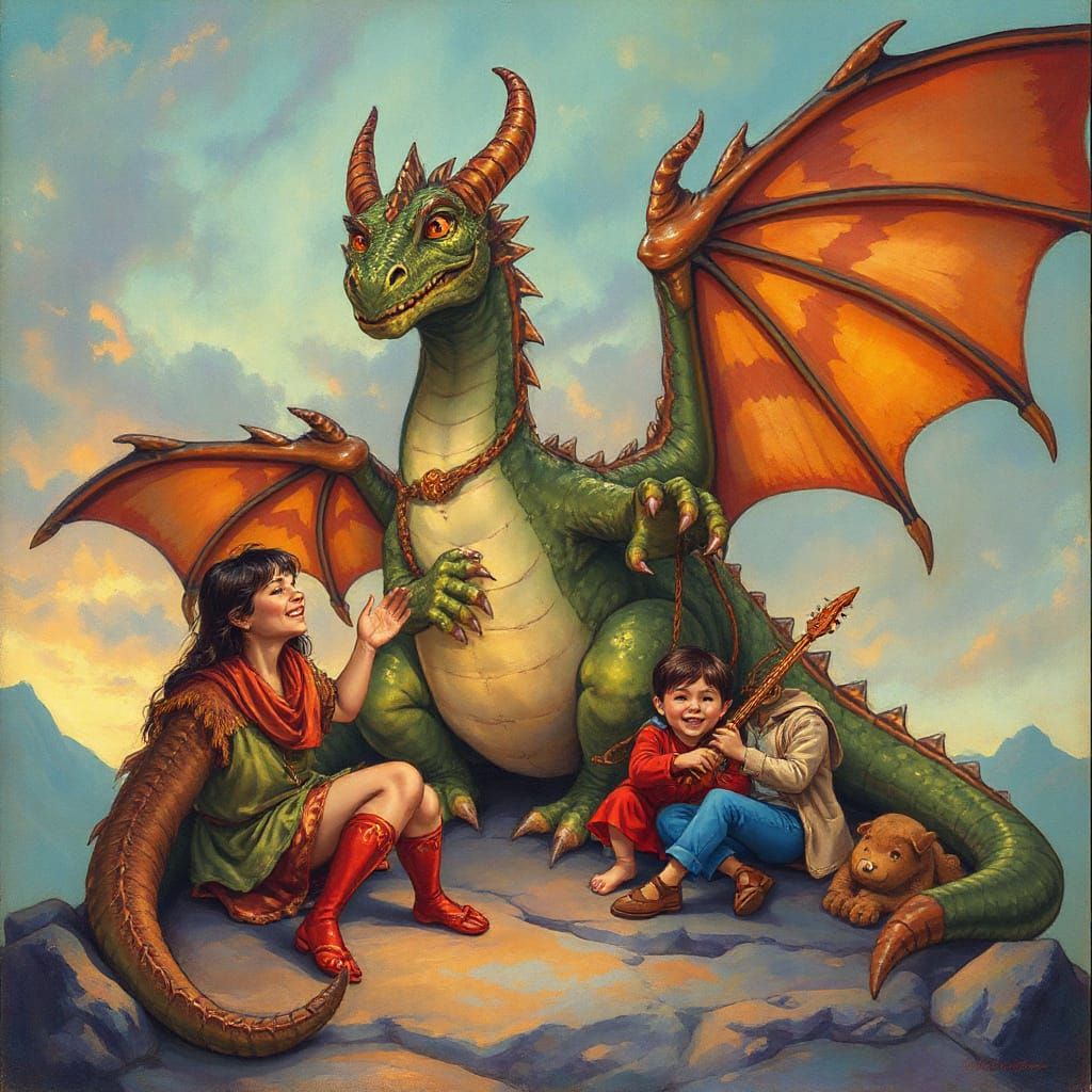 Dragon with Family: Vibrant Fantasy Art