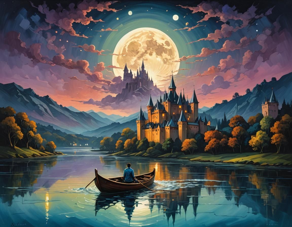 Man in Boat Under Moon, Expressionist Fantasy Art