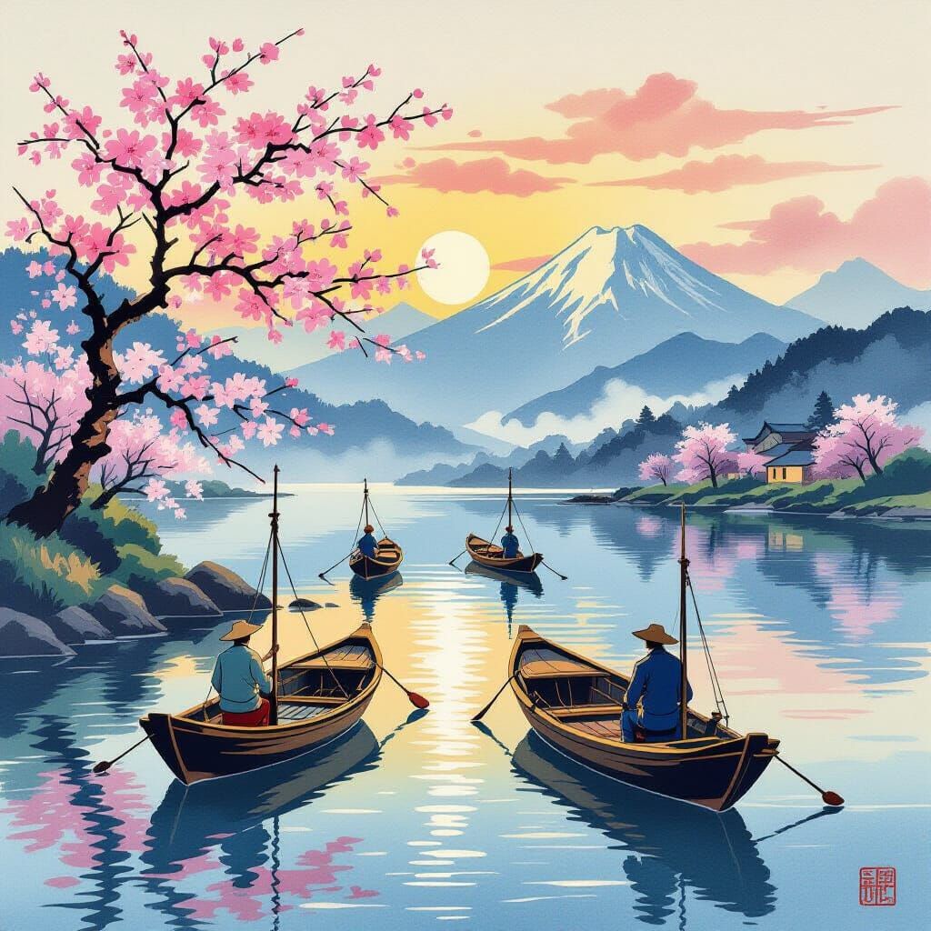 Fishermen's Boats at Dusk in Ukiyo-e Style