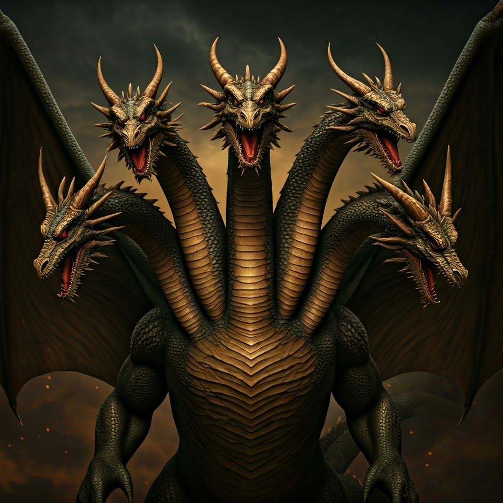 Majestic Five-Headed Dragon in Ancient Mythological Style