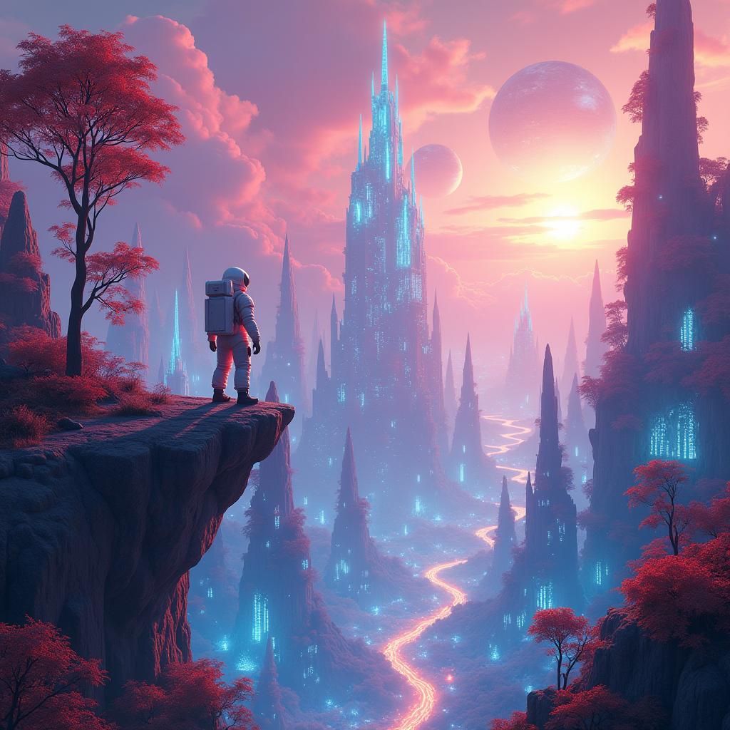 Ethereal Alien Cityscape with Bioluminescent Flora