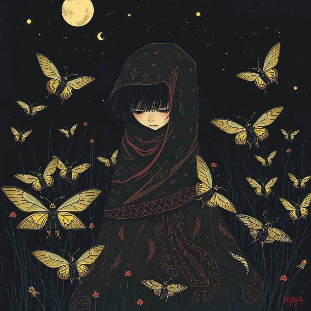 Shadow Girl with Luna Moths in Dark Fairytale Style