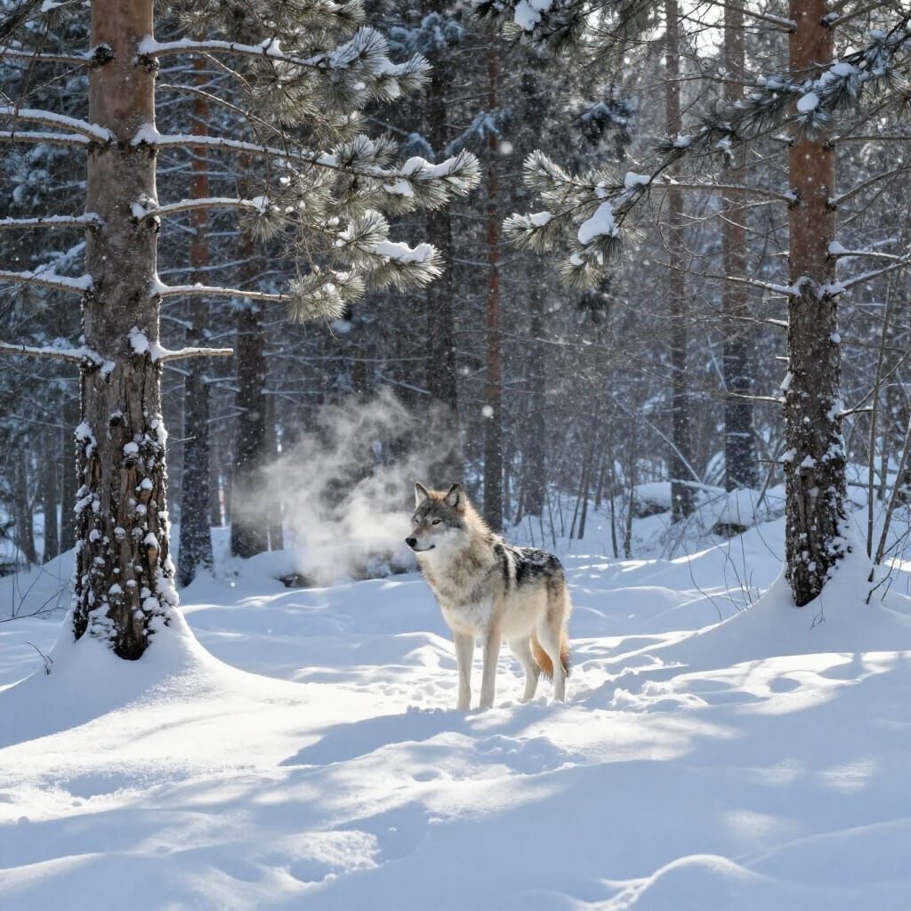 Majestic Wolf in Snowy Forest Clearing