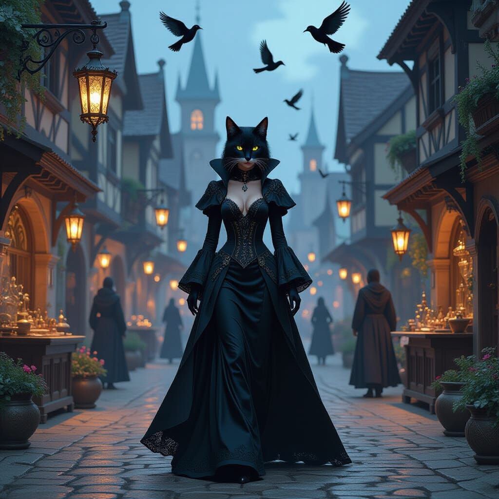 Gothic Weretcat in Futuristic Medieval Marketplace