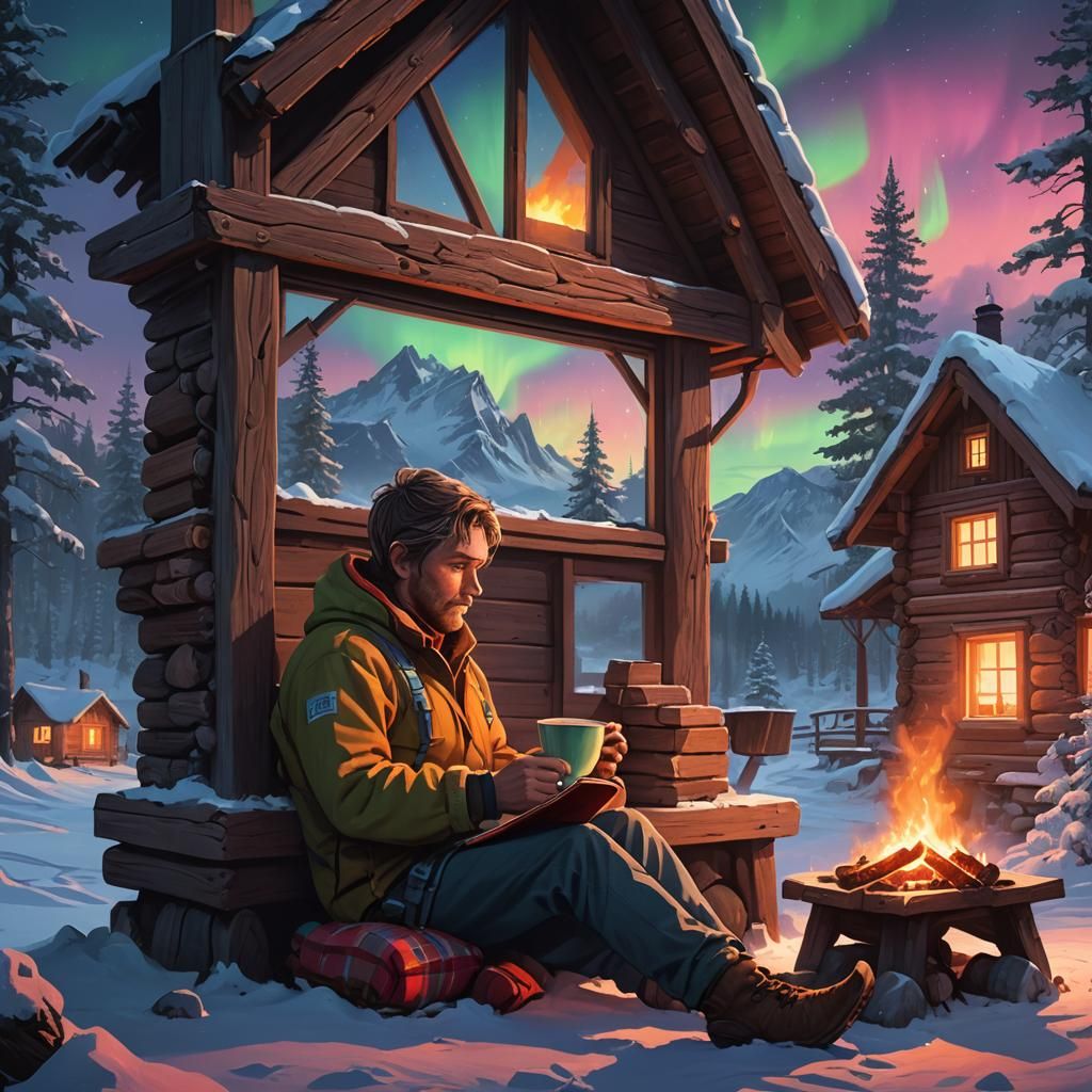 Cozy Cabin Scene with Aurora Borealis