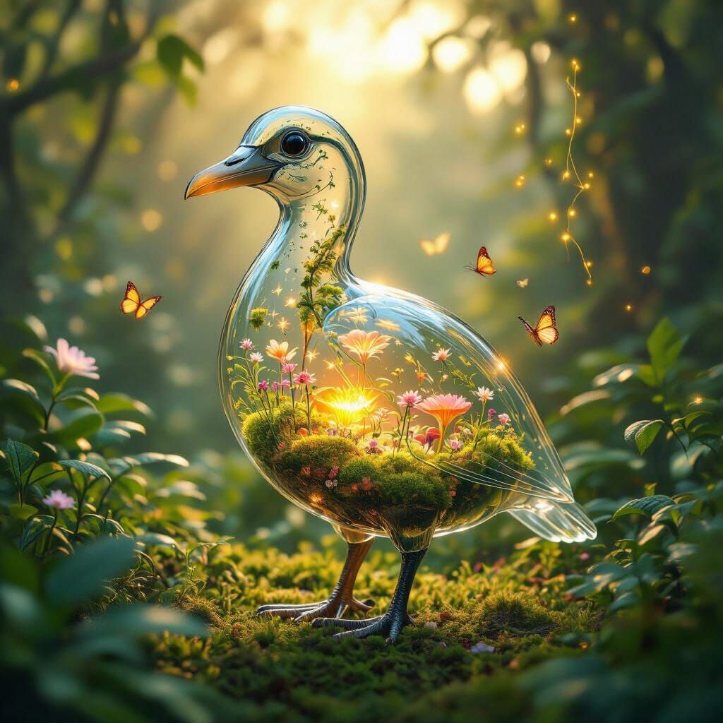 Glass Dodo Bird in Jungle Clearing at Golden Hour