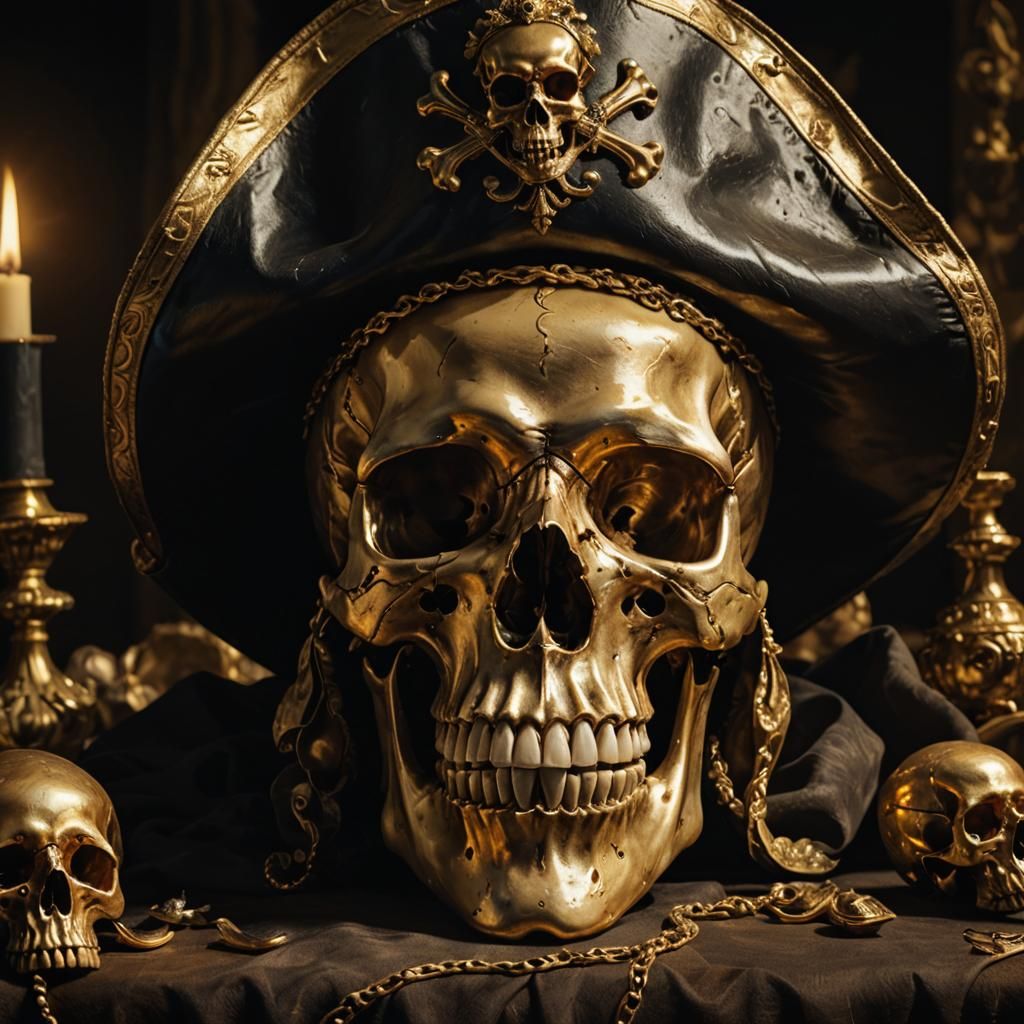 Baroque Skull Still Life with Pirate Hat